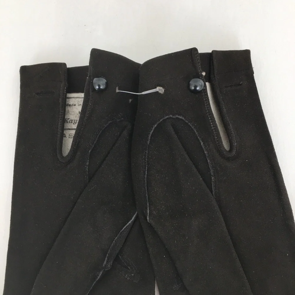 Vintage Kay Fuchs Faux Suede Leather Gloves Black 66378 Made in France